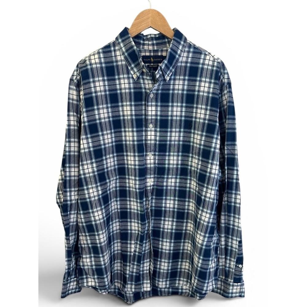 Ralph Lauren Blue and White Plaid Button-Down Shirt Men’s Size